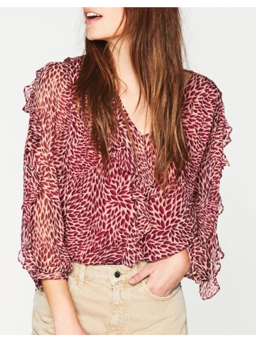 ba&sh Genny Top Burgundy and Cream Printed Ruffle-Trim Blouse